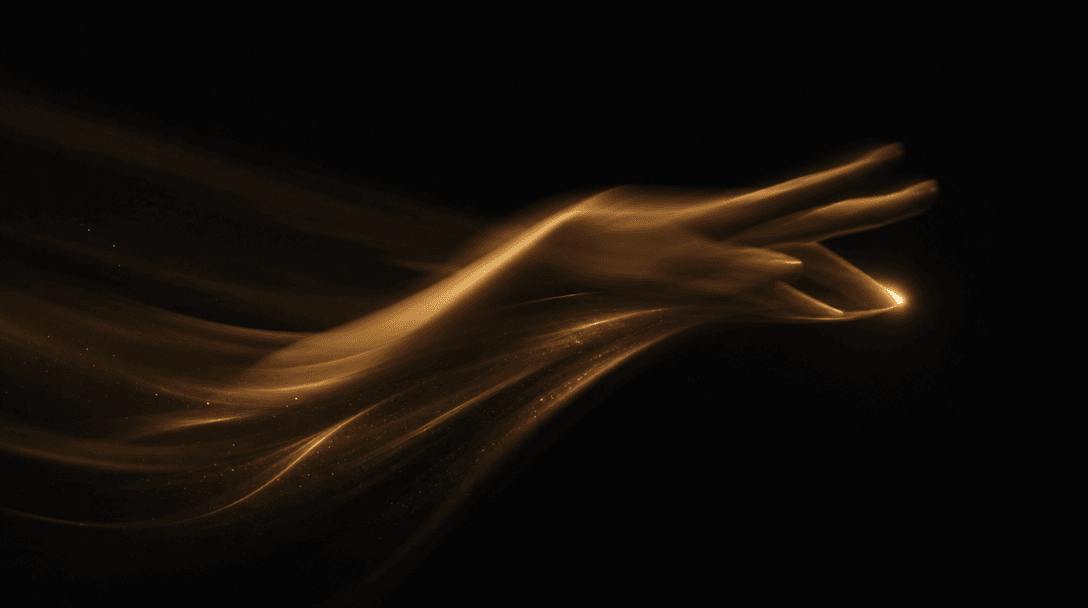 Abstract motion blur of an elegant hand sweeping slowly across frame, trailing soft gold light streaks on a near-black b