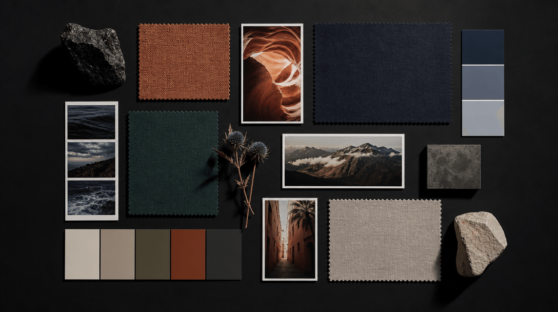 Editorial flat lay: precise geometric arrangement of creative reference materials — fabric swatches, matte color chips, 