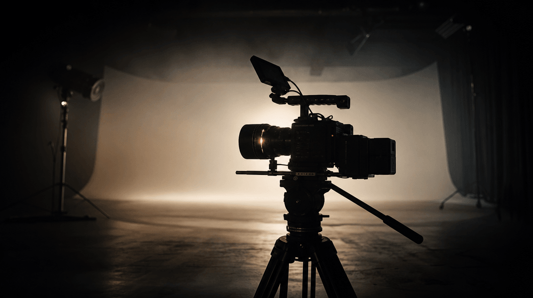 Professional cinema camera on a tripod silhouetted against a softly illuminated white cyclorama in a dark studio, narrow