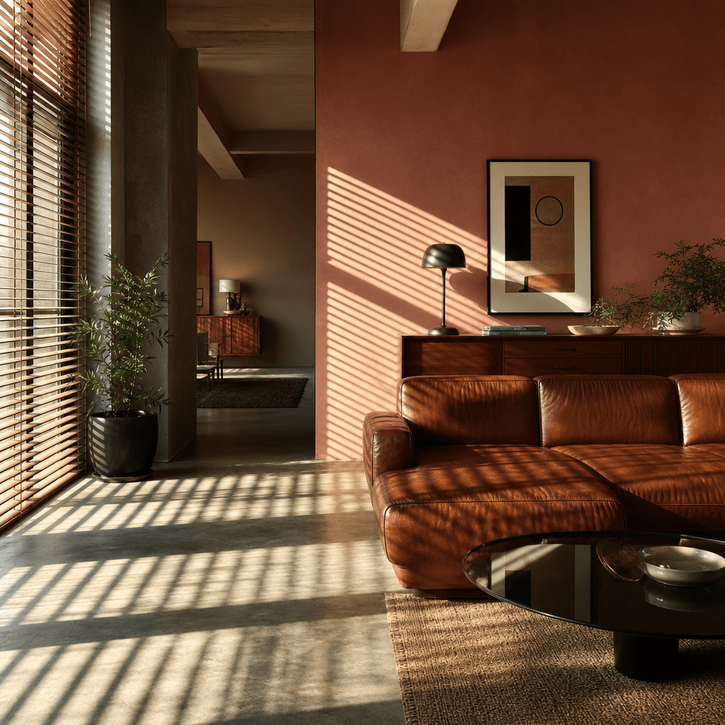 A mid-century modern living room with sun rays streaming through wooden venetian blinds creating bold striped shadow pat