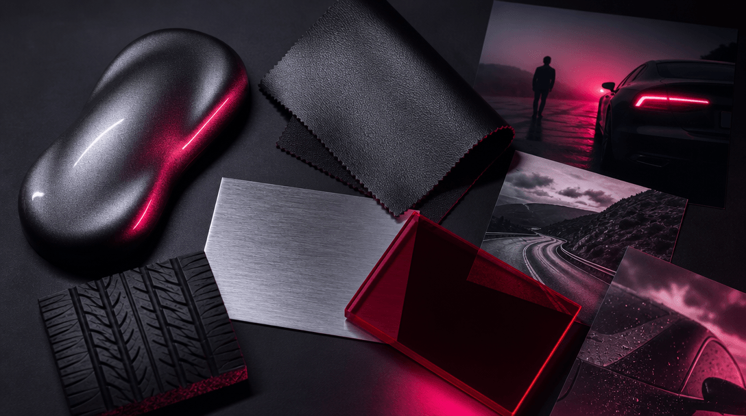 Automotive campaign moodboard materials arranged on a dark charcoal surface: metallic paint sample, black leather, brush