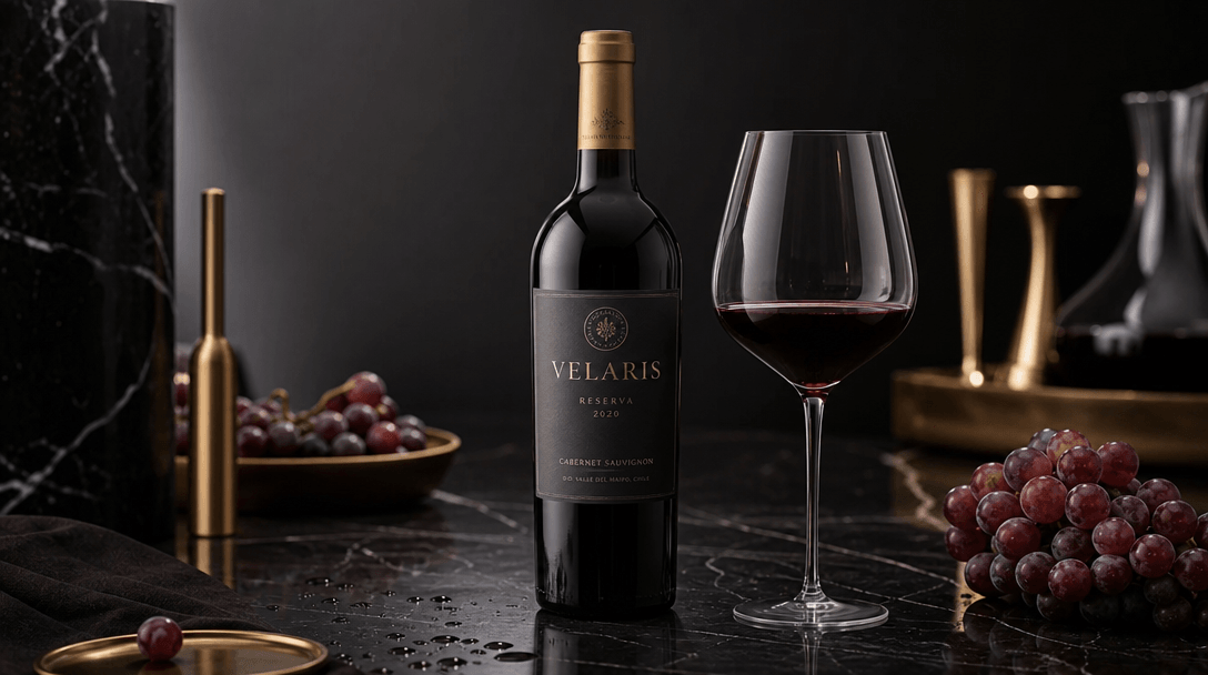 Refined beverage environment scene. Dark polished surfaces with scattered premium elements—wine droplets, grape clusters