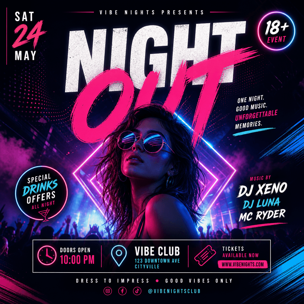 A nightlife or party event poster with energetic design, neon-inspired colors or modern gradients, bold headlines, time/