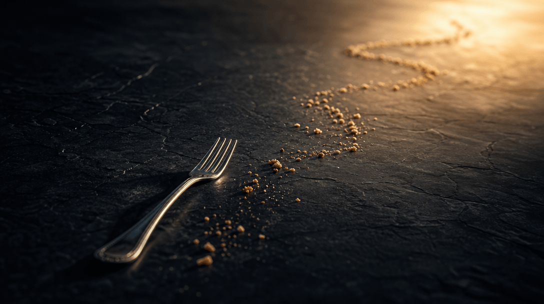 A solitary silver fork following a winding trail of crumbs across an expansive obsidian tabletop toward a warm glow beyo