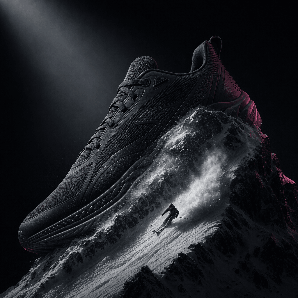 A matte black performance sneaker becoming a steep snow-covered mountain, with a miniature skier descending along the cu