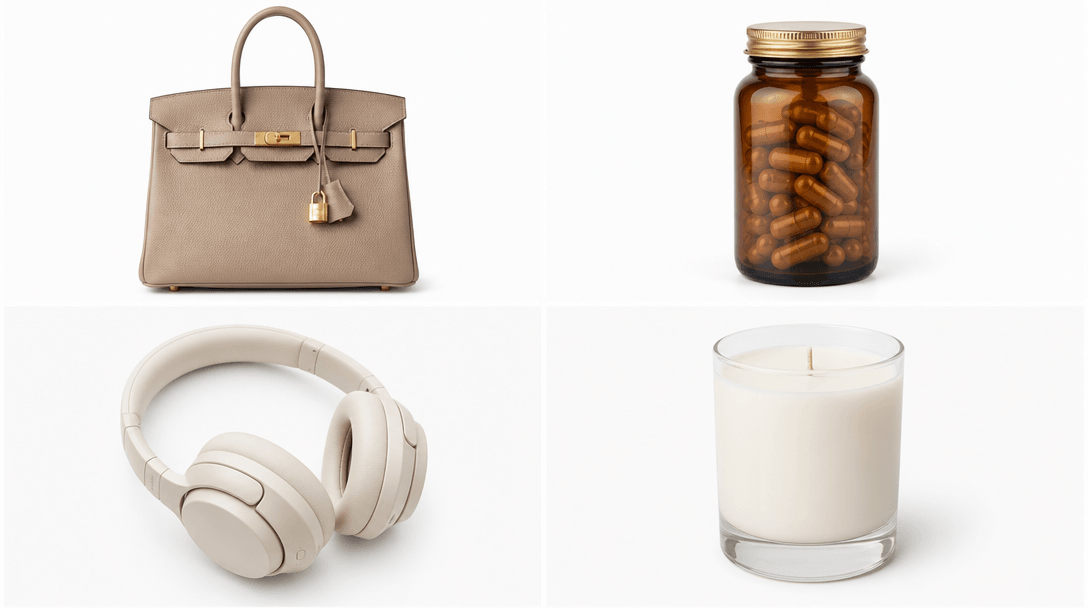 A clean 2x2 grid of ecommerce product images on a white background — a luxury handbag, a glass supplement bottle, a pair