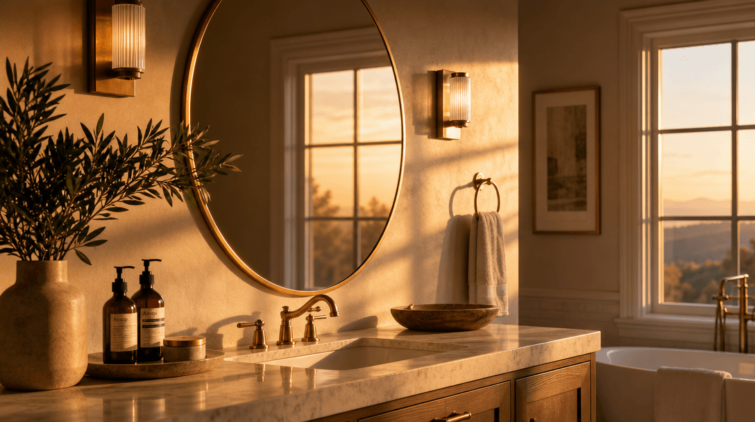 Golden hour warm sunlight hitting bathroom mirror and accessories. Beautiful natural window light with soft shadows. Lux