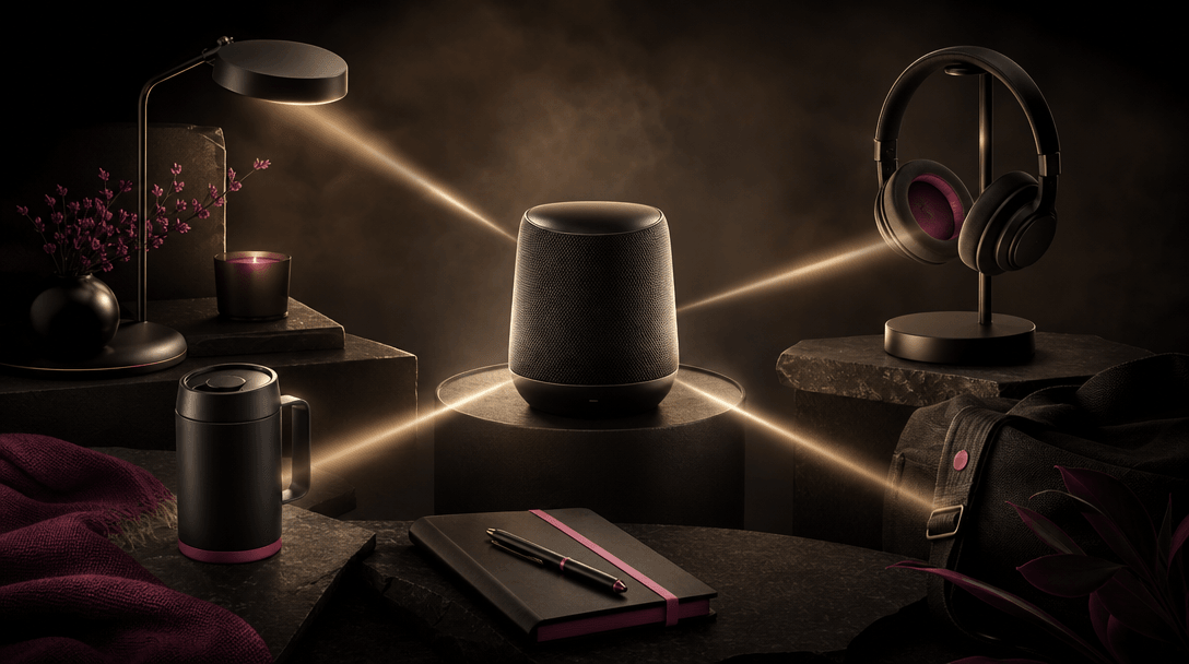 A hero product connected to several surrounding lifestyle objects by carefully directed beams of warm light, suggesting 