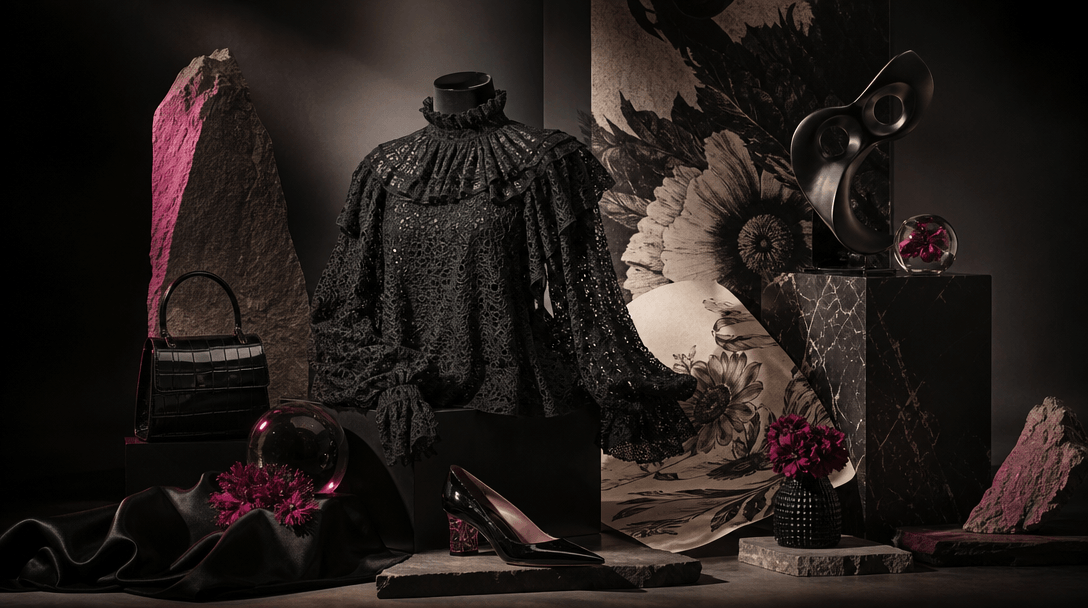 A premium fashion campaign still life with a hero garment, sculptural display forms, glossy accessories, printed illustr