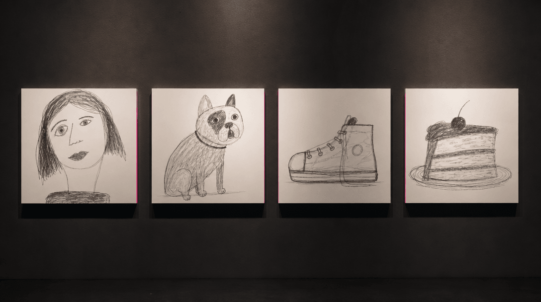 A sequence of four physical square art prints showing varied clumsy redraws of a portrait, pet, shoe, and cake, arranged