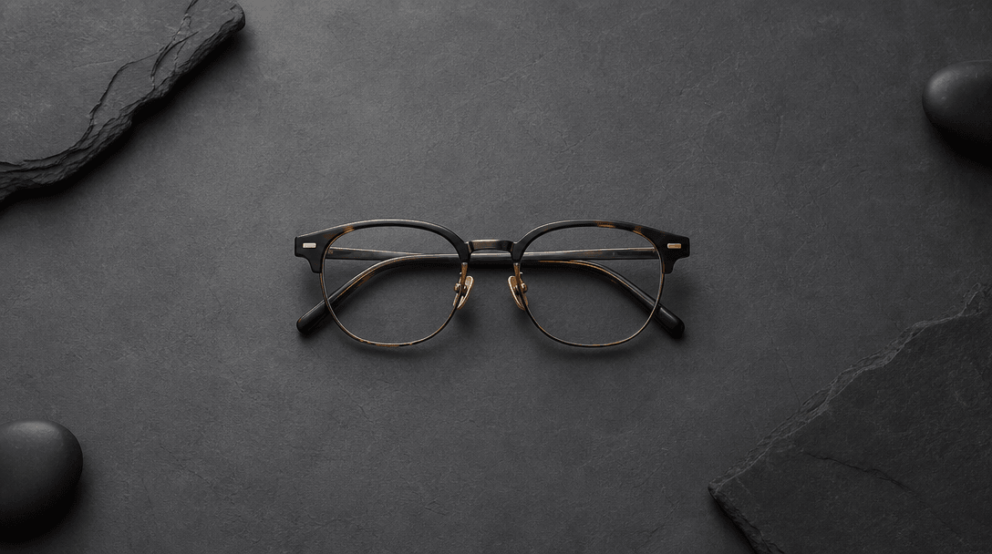 Studio flatlay of a premium eyewear frame centered on a dark slate editorial surface, surrounded by precise negative spa