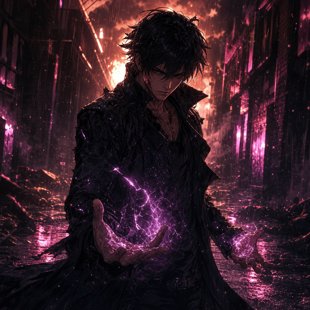 An original anime hero in a neon-lit night alley after battle, torn long coat, controlled energy glowing between their p