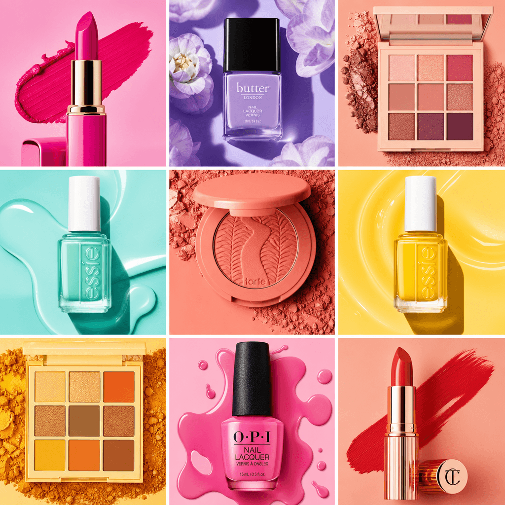 Colorful nine-product grid in tic-tac-toe format, vibrant makeup shades and nail polish bottles, bright fresh styling, c
