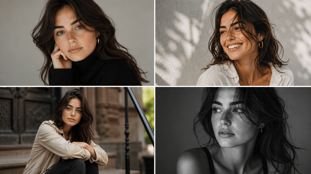 Grid showing four different portrait shots with varied poses, angles, styling, and framing; consistent professional qual