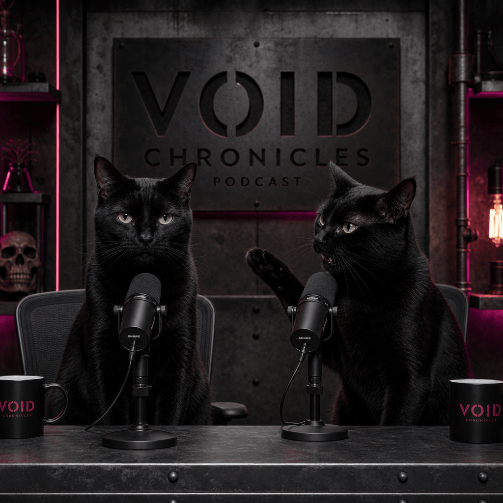 Two black cats sitting upright at a stark metal podcast desk in a dramatic industrial studio, one staring deadpan while 
