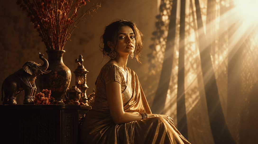 Professional studio lighting and color grading scene. Warm golden light rays cutting through soft diffusion, rich color 