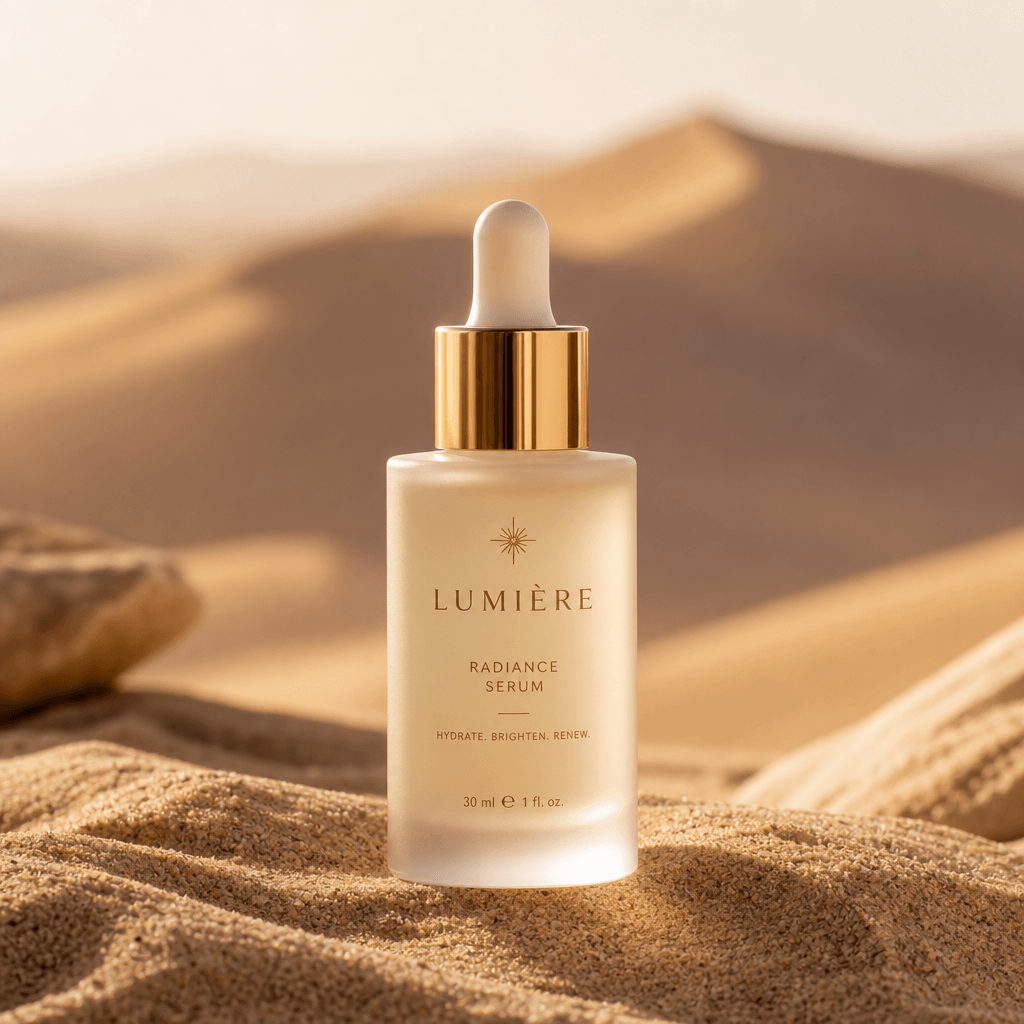 A beauty serum bottle elegantly placed on textured sand, with a background of blurred desert dunes, creating a serene an