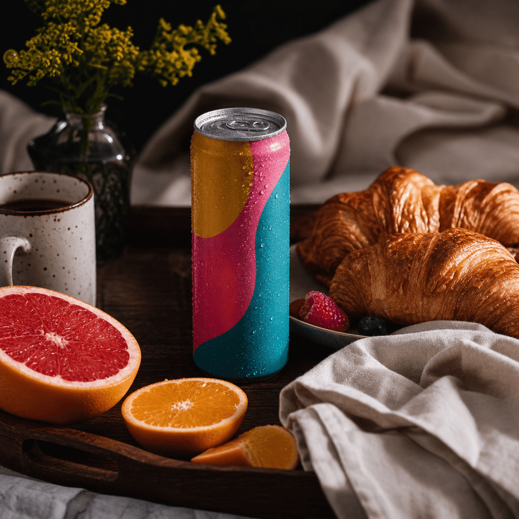 A colorful canned wellness drink nestled among croissants, citrus slices, and folded cream linen on a modern breakfast-i