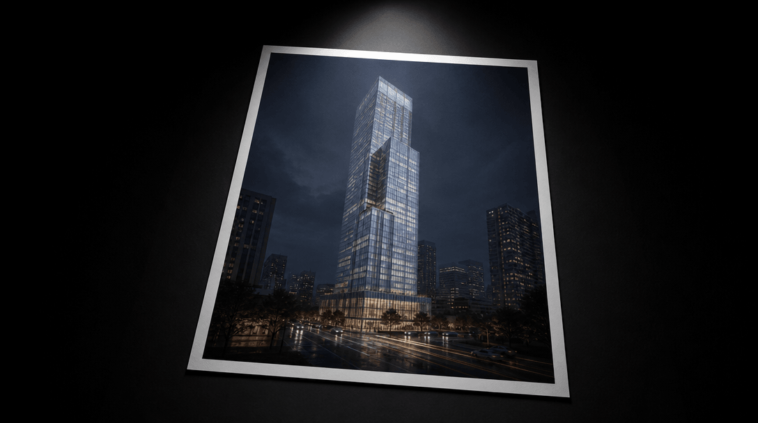 Dark editorial flatlay: a large-format architectural visualization print of a glass tower at night placed on a deep blac