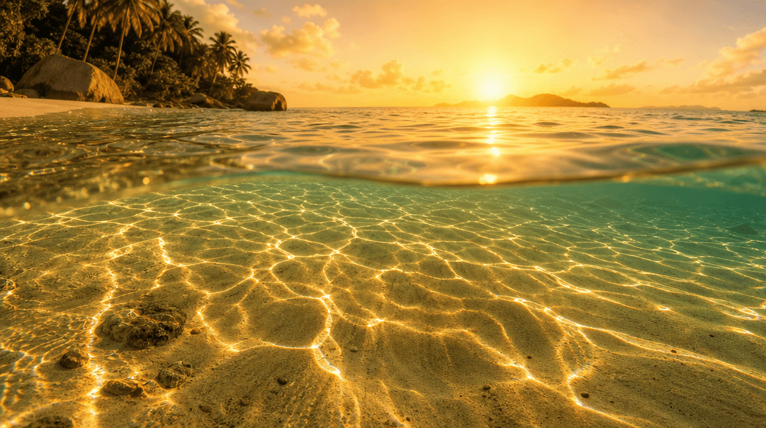 Wide cinematic frame of sunlight refracting through shallow tropical ocean water over white sand. Golden caustic light p