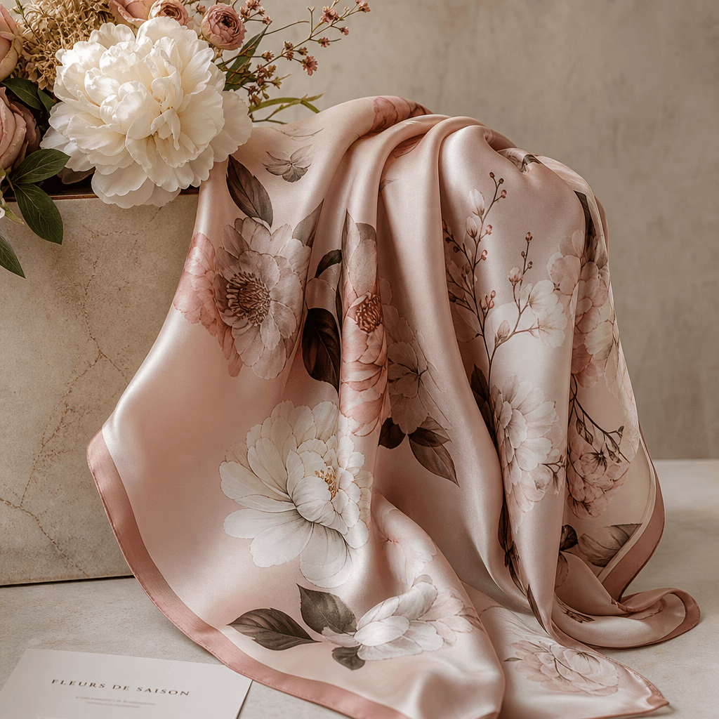 Elegant silk scarf draped gracefully with flowing white and blush flowers. Artistic fashion still life composition. Edit
