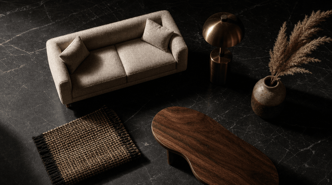 Dark editorial flat-lay of miniature interior design objects arranged with deliberate spacing on a polished black stone 