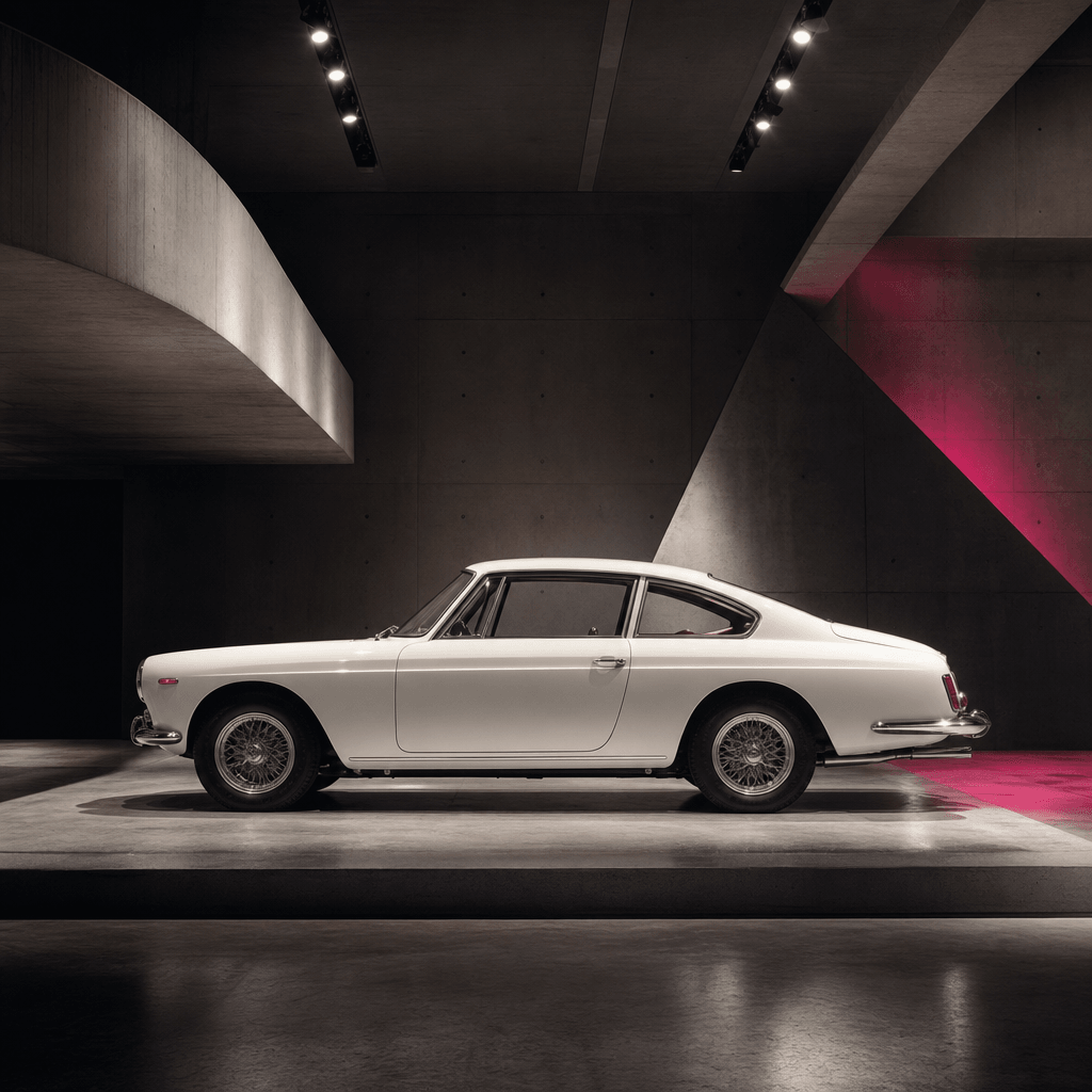 A white vintage coupe displayed in a minimal brutalist gallery, sculptural concrete walls, focused overhead studio light