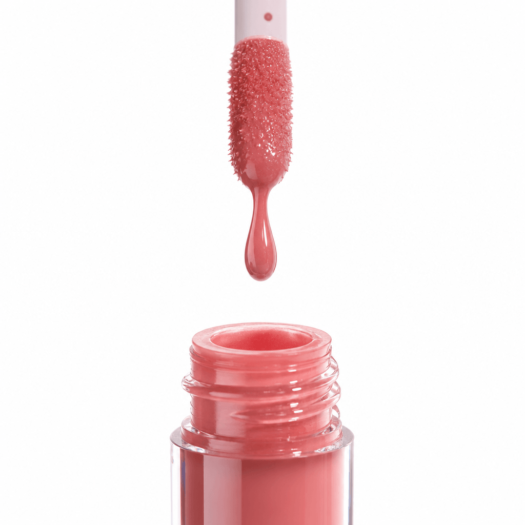Studio beauty close-up: a pink-toned lip gloss wand suspended mid-air above an open tube, a single glossy bead of produc
