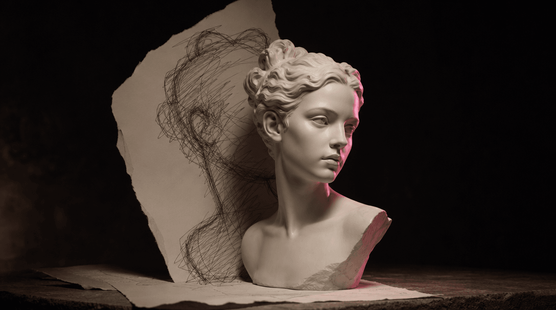 A clean ceramic bust partially surrounded by a loose scribbled echo of its silhouette, the crude graphite outline preser