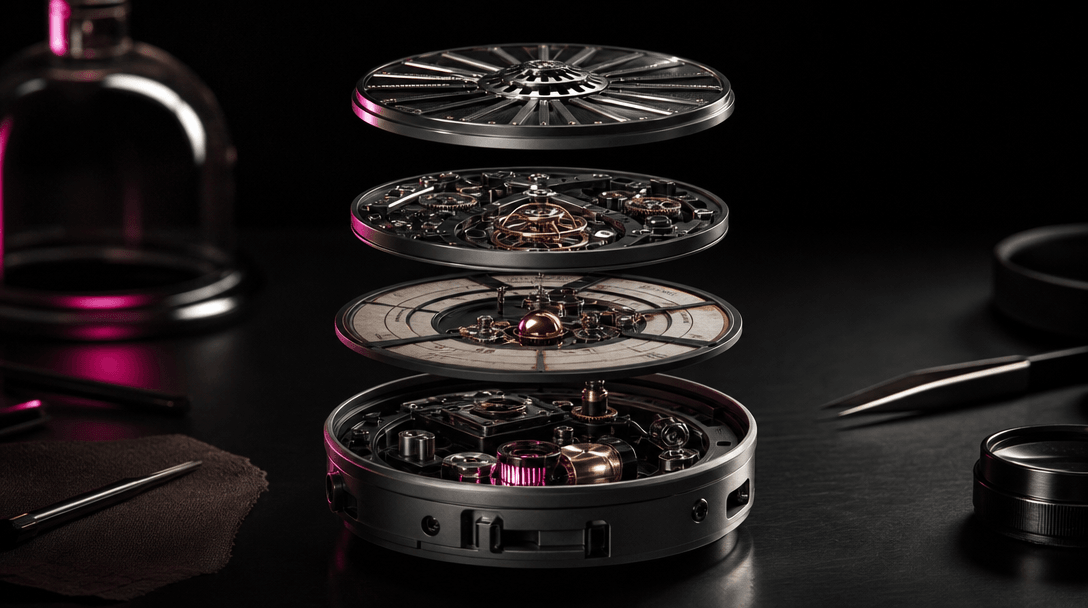 A wide cinematic still of one intricate mechanical object separating into four precise layers across a dark studio table
