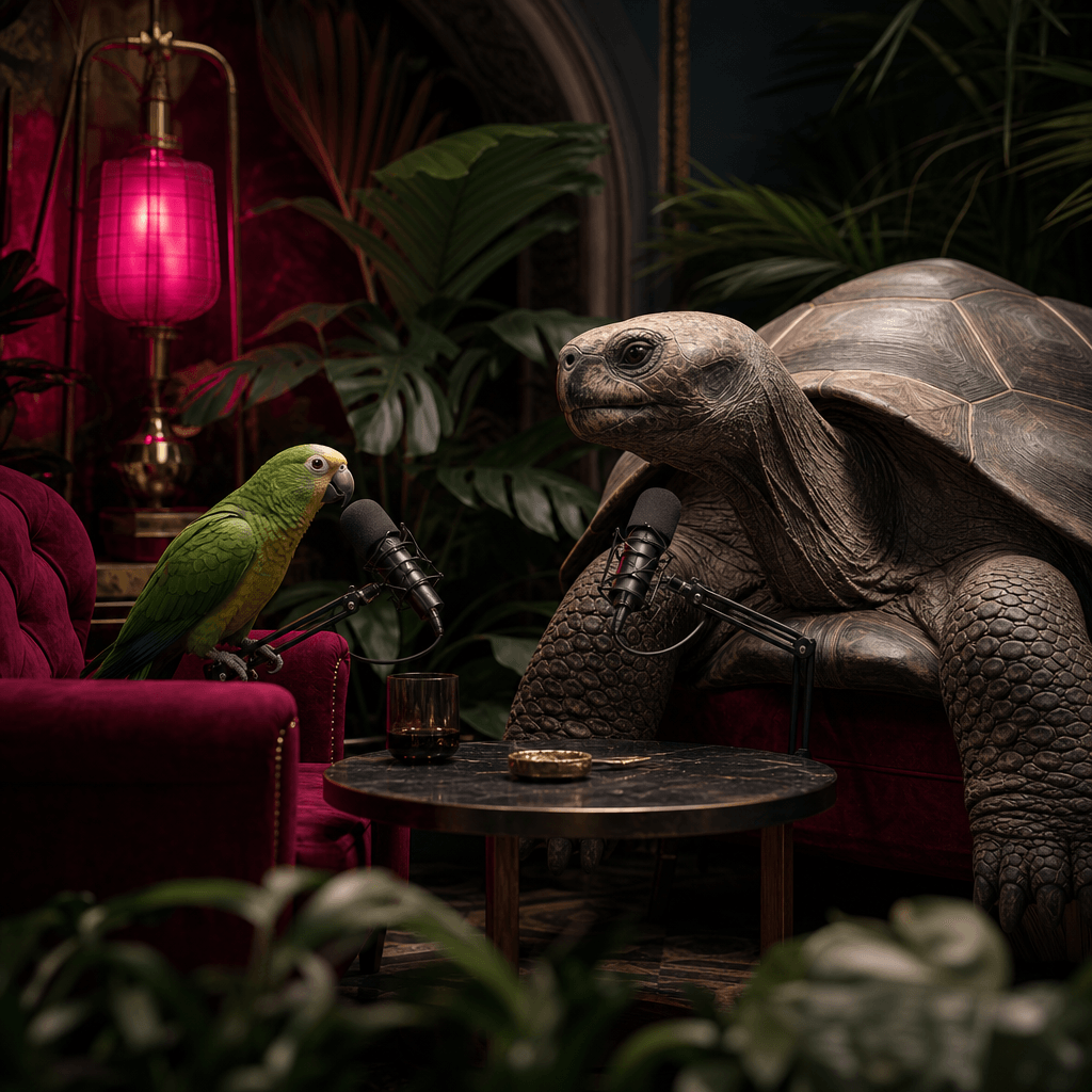 A small green parrot interviewing a massive tortoise inside an elegant tropical podcast set, microphones positioned natu