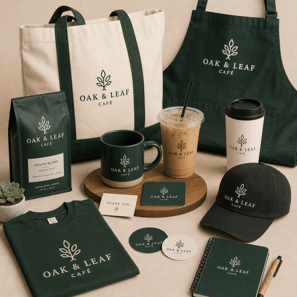 Complete café merchandise set displayed cohesively, professional product layout, all items visible, branding consistency