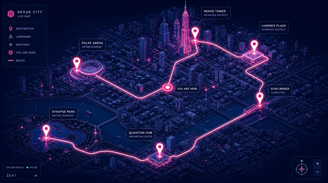 Isometric city map illustration with glowing location pins connected by neon light trails. Dark navy background, hot pin