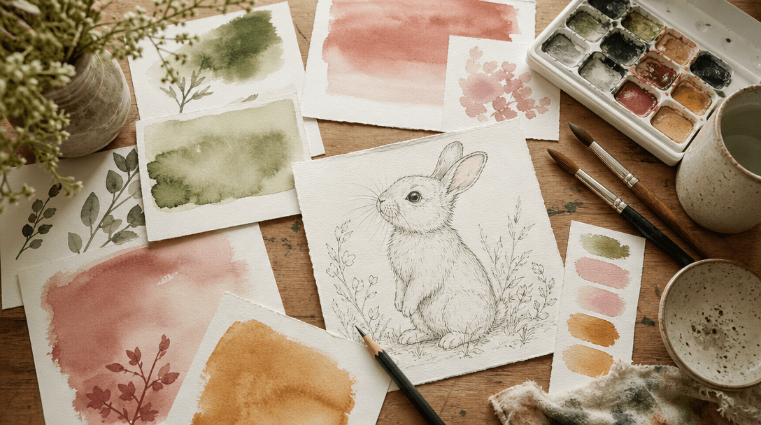 Illustrator's workbench flat lay: scattered watercolor swatches in soft sage green, dusty rose, and warm amber on cream 