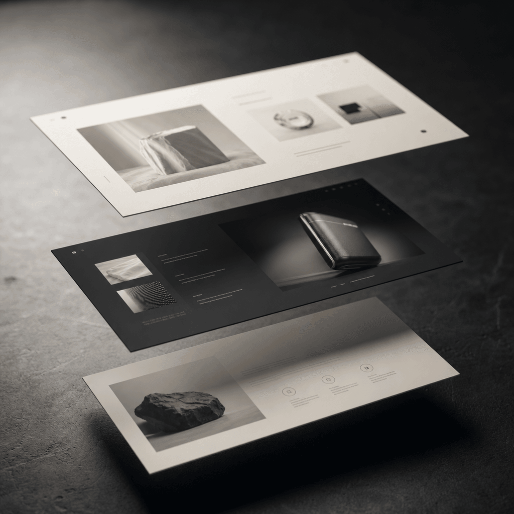 A landing page layout abstracted into three layered floating rectangles at varying depths above a dark surface. Cool dir