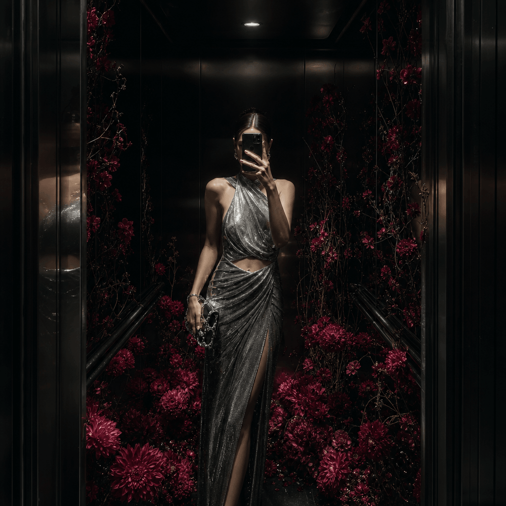 A surreal nighttime elevator portrait with deep burgundy flowers emerging from the floor and seams of dark mirrored wall
