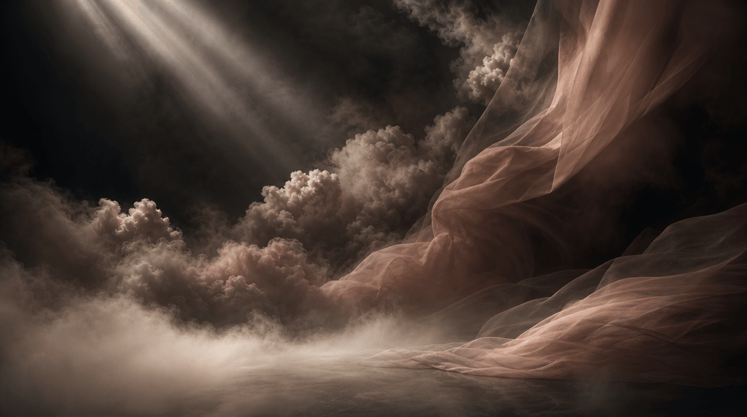 Layered sheets of translucent mist, sculpted clouds, and soft fabric forming deep foreground-to-background planes, illum
