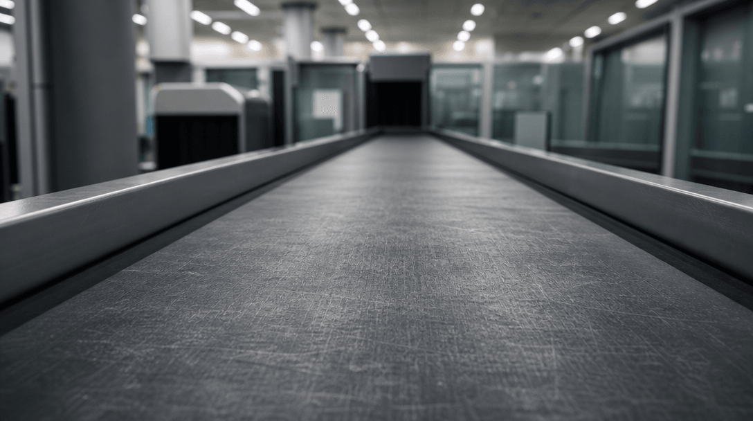 Abstract wide cinematic shot of a gray airport security checkpoint conveyor belt surface stretching into the distance, b