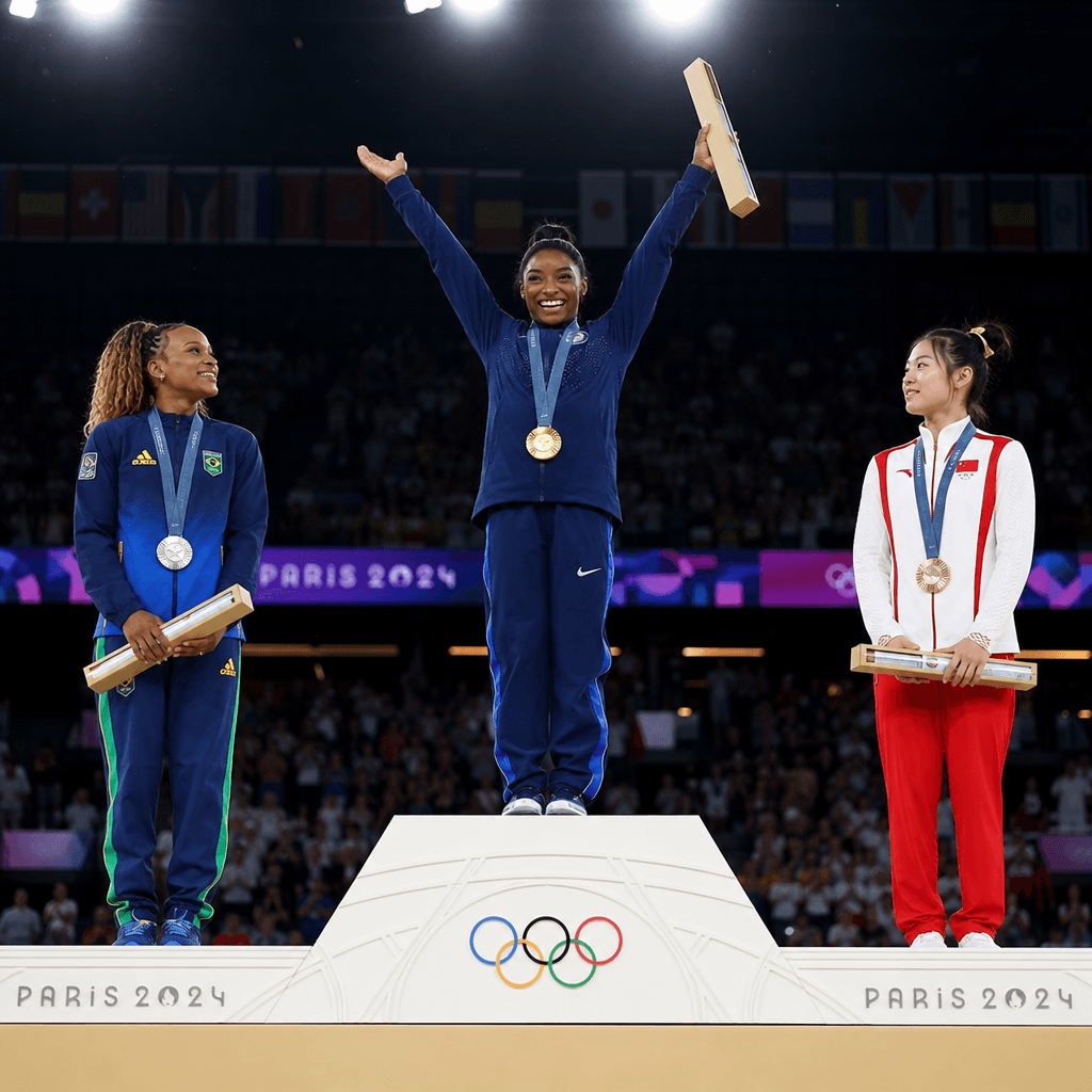 Olympic medal podium moment with athletes, dramatic ceremony lighting, professional broadcast aesthetic, victory emotion