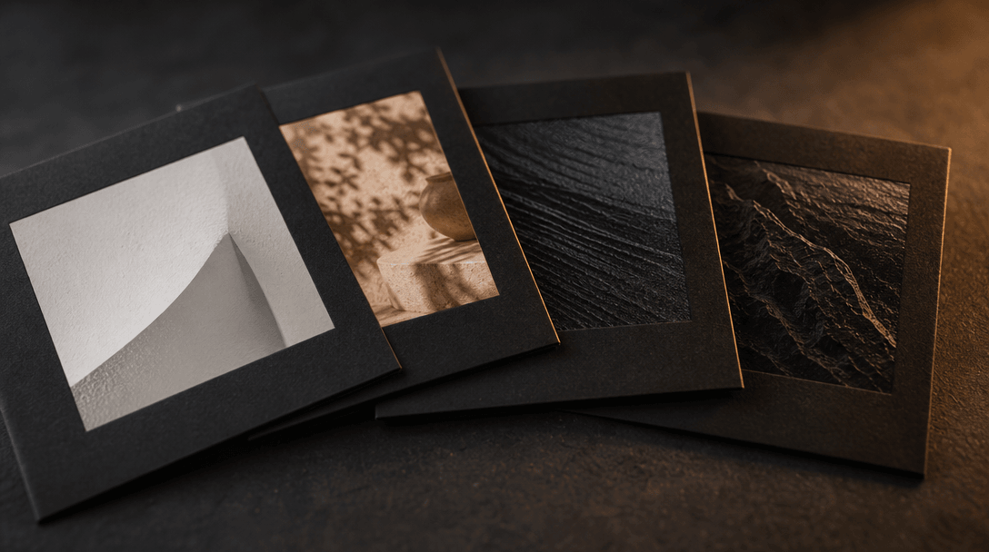 A set of matte black square cards arranged on a dark surface, each card showing a different stylized photographic mood c