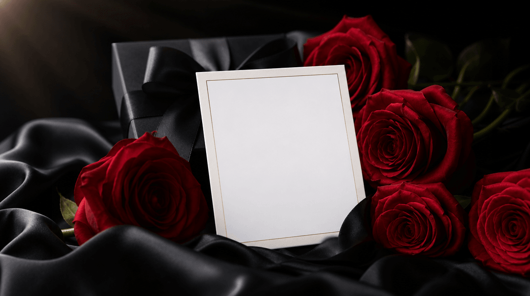 Personalized romantic still life with a blank photographic portrait card nestled among red roses, black satin and a mini