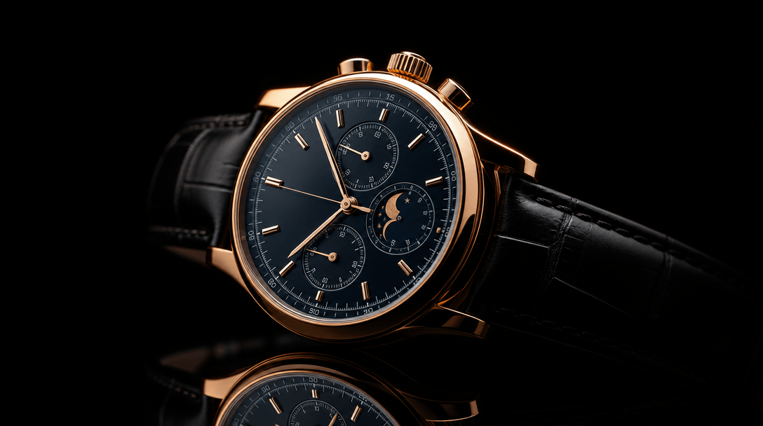 A luxury wristwatch on a jet-black reflective surface, watch face perfectly in focus, case profile defined by a single w