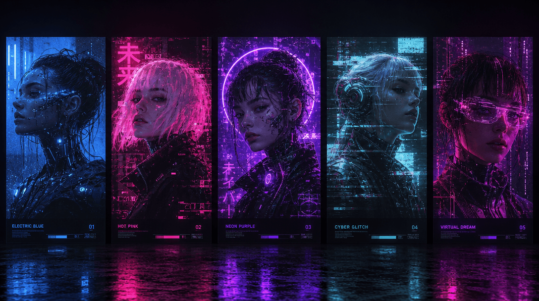Multiple cyberpunk portrait variations displayed side-by-side, different neon color themes from electric blue to hot pin