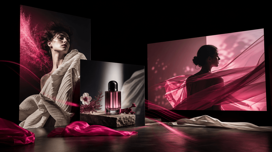 A cinematic creative studio scene where fashion photography, a product still life, and a softly illuminated video frame 