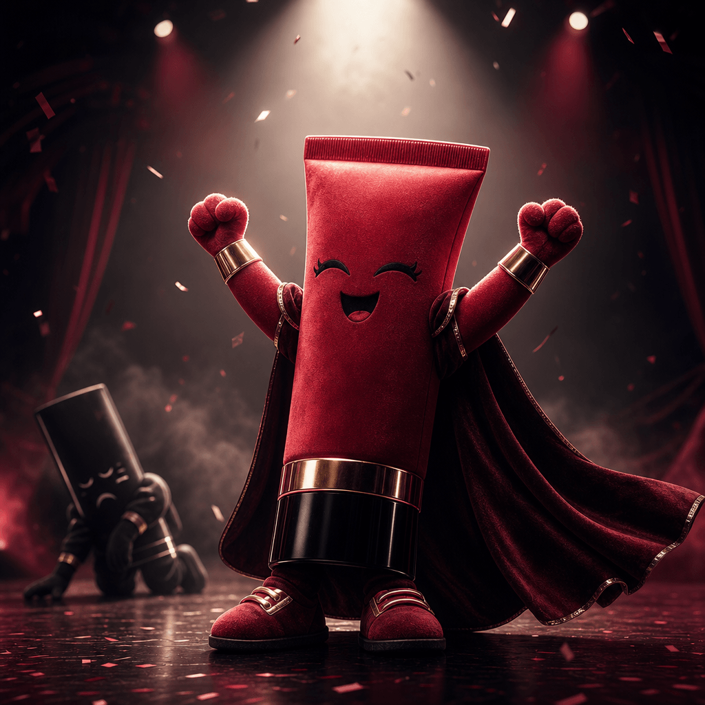 A luxurious plush mascot inspired by a red cosmetic tube celebrates after winning a dance battle, arms raised beneath a 