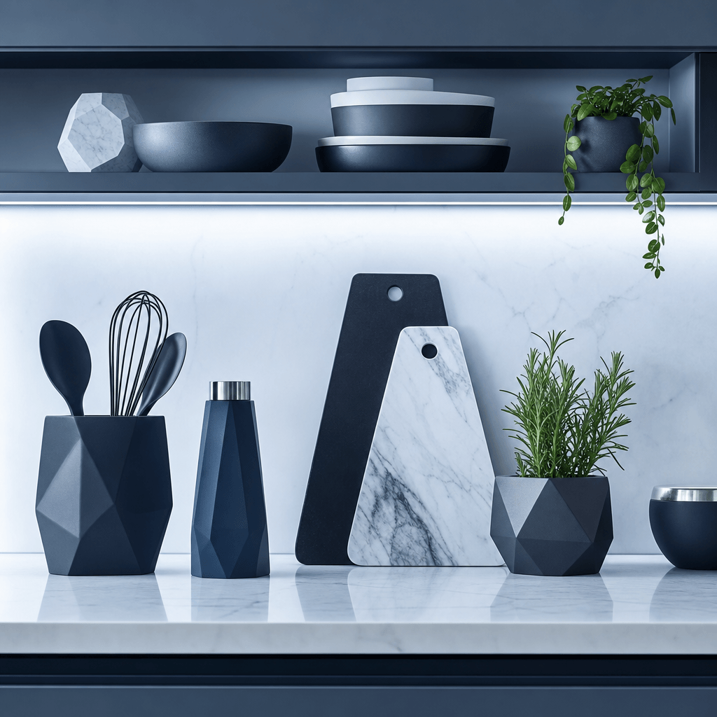 Sleek contemporary kitchen counter with geometric kitchenware and minimalist decor. Cool blue-white studio lighting. Cle