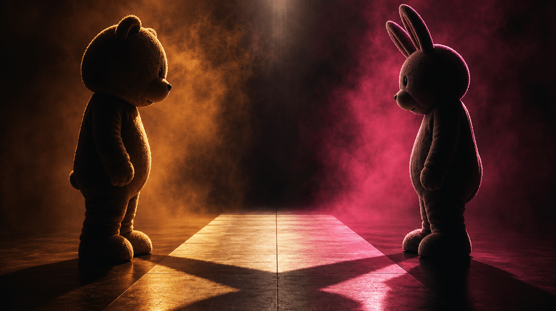 Two contrasting plush mascot silhouettes face each other across a narrow illuminated dance floor, their long shadows mee