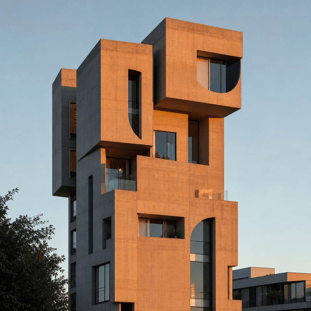 Real architectural photograph of the same modernist tower completed and photographed at golden hour, warm amber light ca