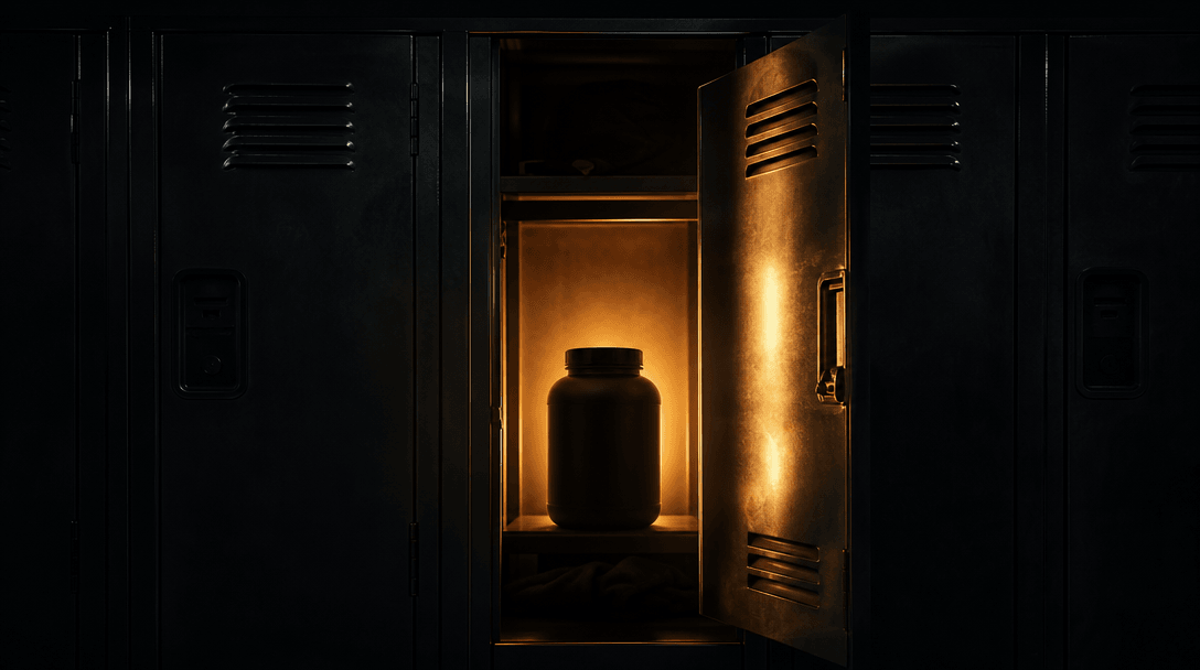 A steel gym locker door photographed at the exact moment of opening, warm interior light spilling outward to silhouette 