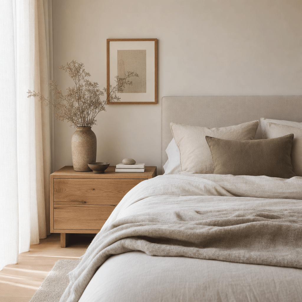 Minimalist Scandinavian bedroom with pale linen bedding, raw oak nightstands, and soft diffused morning light filtering 